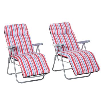 Outsunny Set Of 2 Garden Sun Lounger Outdoor Reclining Seat Cushioned Seat Foldable Adjustable Recliner Red And White