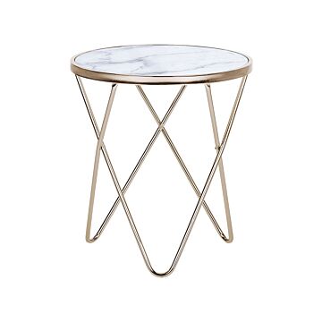 Side Table White Marble Effect Tempered Glass Top Gold Metal Hairpin Legs Round Shape Beliani