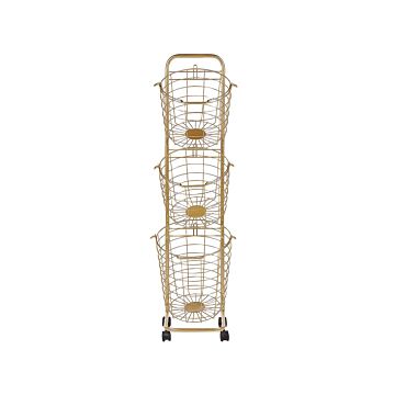 3 Tier Wire Basket Stand Gold Metal With Castors Handles Detachable Kitchen Bathroom Storage Accessory For Towels Newspaper Fruits Vegetables Beliani