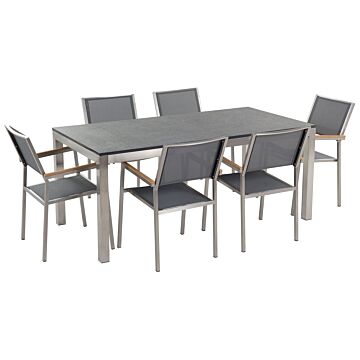 Garden Dining Set Grey With Flamed Granite Table Top 6 Seats 180 X 90 Cm Beliani