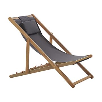 Garden Deck Chair Grey Fabric Seat Headrest Cushion Reclining Folding Acacia Wood Frame Beliani