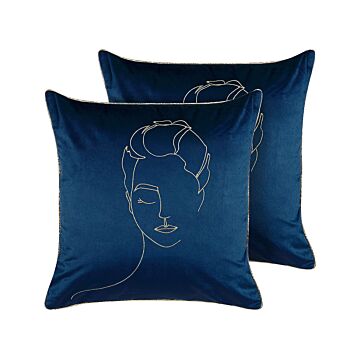 Set Of 2 Decorative Cushions Blue And Gold Velvet 45 X 45 Cm Face Motif Glamour Decor Accessories Beliani