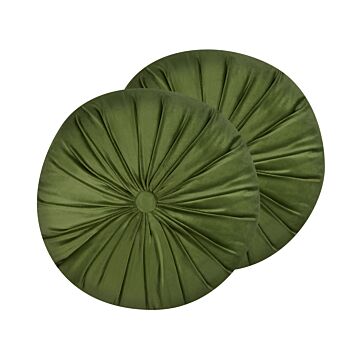 Set Of 2 Decorative Cushions Green Velvet 38 Cm Round Pleated Retro Décor Accessories Bedroom Living Room Beliani