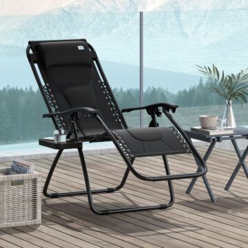 Outsunny Foldable Reclining Garden Chair, Zero Gravity Chair With Padded Seat, Cup Holder, Adjustable Backrest, Pillow For Outdoor, Patio, Deck, Black