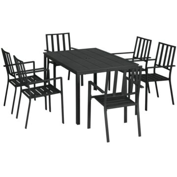 Outsunny 7 Pieces Garden Dining Set, Outdoor Table And 6 Stackable Chairs, Metal Top Table With Umbrella Hole, Black