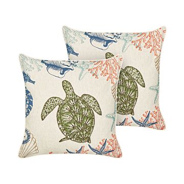 Set Of 2 Scatter Cushions Beige Linen 45 X 45 Cm Marine Tortoise Pattern Square Polyester Filling Home Accessories Beliani