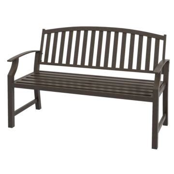 Outsunny Garden Bench, Outdoor Metal Bench With Slatted Seat And Backrest, Curved Armrest, For Conservatory, Garden, Poolside, Deck, Brown