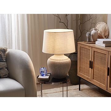 Table Lamp Cream Ceramic Base White Drum Fabric Shade Home Light Traditional Design Beliani