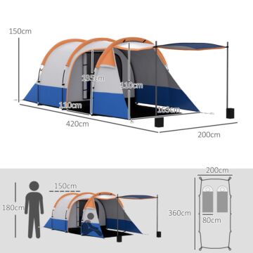 Outsunny Camping Tent, Large Tunnel Tent With Bedroom And Living Area, 2000mm Waterproof, Portable With Bag For 2-3 Man, Orange