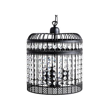 Pendant Ceiling Lamp Black Metal Cage Open Shade Faux Crystals Vintage Glamour Beliani