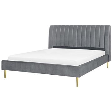 Eu Super King Size Panel Bed 6ft Grey Velvet Slatted Base High Headrest Vintage Beliani
