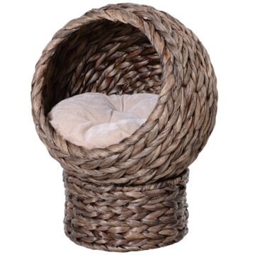 Pawhut Wicker Cat Bed, Raised Rattan Cat Basket With Cylindrical Base, Soft Washable Cushion, 42 X 33 X 52cm - Brown