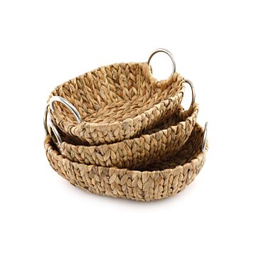 Set Of 3 Oval Raffia Natural Baskets With Metal Handles