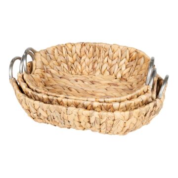 Set Of 3 Oval Raffia Natural Baskets With Metal Handles