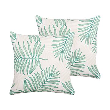 Set Of 2 Garden Cushions Beige And Green Polyester Palm Leaf Motif Pattern 45 X 45 Cm Modern Outdoor Decoration Water Resistant Beliani
