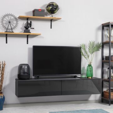 Homcom Floating Tv Unit Stand For Tvs Up To 70" With High Gloss Effect, Wall Mounted Media Console With Storage Cupboards, Grey And Black
