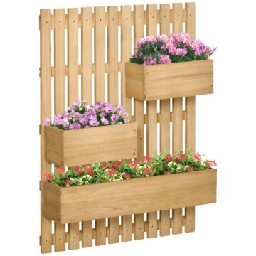 Outsunny Wall-mounted Wooden Garden Planters With Trellis, Drainage Holes And 3 Movable Planter Boxes, Wall Raised Garden Bed For Patio, Natural