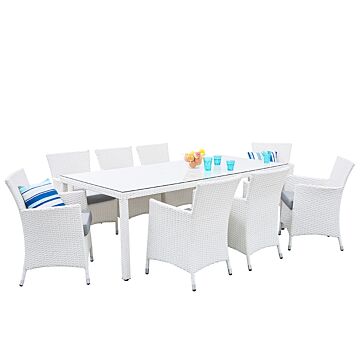 Garden Dining Set White Faux Rattan Grey Cushions Outdoor 8 Seater Rectangular Table Chairs Beliani