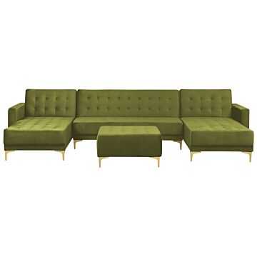 Corner Sofa Bed Green Velvet Tufted Fabric Modern U-shaped Modular 5 Seater With Ottoman Chaise Lounges Beliani