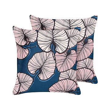 Set Of 2 Decorative Cushions Pink Blue Velvet 45 X 45 Cm Leaf Print Glamour Decor Accessories Beliani