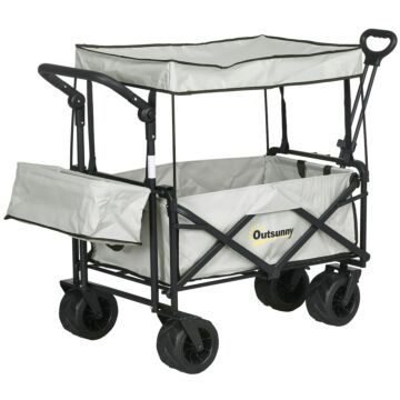 Outsunny Folding Trolley Cart Storage Wagon Beach Trailer 4 Wheels With Handle Overhead Canopy Cart Push Pull For Camping, Grey