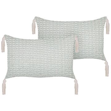 Set Of 2 Scatter Cushions Mint Green 25 X 45 Cm Throw Pillow Geometric Pattern Tassels Removable Cover With Filling Beliani