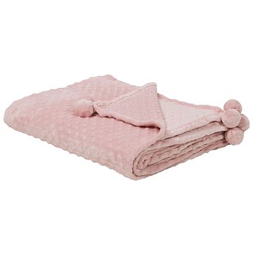 Blanket Pink Throw 200 X 220 With Pom Poms Popcorn Texture Soft Coverlet Beliani