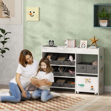 Aiyaplay Kids Toy Storage Unit With 11 Bins, Cabinet, Top Shelves, 3 Stickers, For Nursery, Playroom, Kindergarten, White