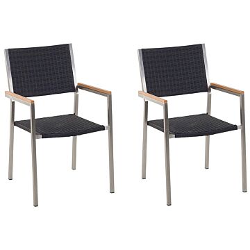 Set Of 2 Garden Dining Chairs Black And Silver Faux Rattan Seat Stainless Steel Legs Stackable Outdoor Resistances Beliani