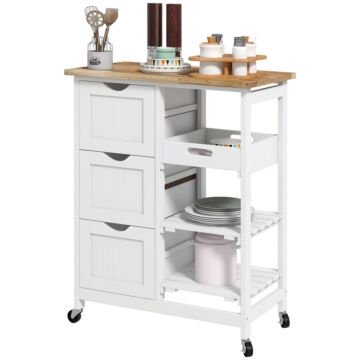 Homcom Rolling Kitchen Island Cart, Bar Serving Cart, Compact Trolley On Wheels With Wood Top, Shelves & Drawers For Home Dining Area, White