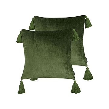 Set Of 2 Decorative Cushions Green Velvet 45 X 45 Cm Square With Tassels Elegant Décor Accessories Bedroom Living Room Beliani