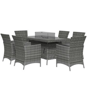 Outsunny 7 Pcs Pe Rattan Dining Sets W/ Fire Pit Table, Garden Dining Set W/ Heater Table, Armchairs W/ Cushions, Glass Windscreen, 50,000 Btu, Grey
