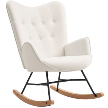 Homcom Rocking Chair, Modern Upholstered Velvet Armchair With Solid Wood Legs And Metal Frame For Living Room, Bedroom, Cream