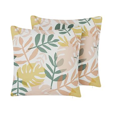 Set Of 2 Outdoor Cushions Multicolour Polyester 45 X 45 Cm Leaf Print Pattern Garden Patio Beliani