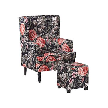 Armchair With Footstool Black Floral Pattern Fabric Wooden Legs Wingback Style Beliani