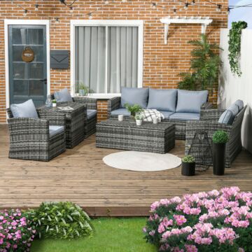 Outsunny 6 Pieces Rattan Garden Furniture Set, 7 Seater Wicker Outdoor Furniture Set With Storage Tea Table & Side Table, Sectional Garden Sofa Set With Cushions, Grey