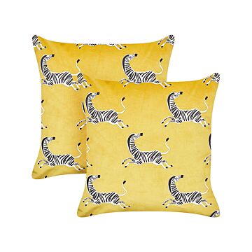 Set Of 2 Scatter Cushions Yellow Velvet Polyester Fabric Animal Pattern 45 X 45 Cm For Nursery Children's Room Beliani