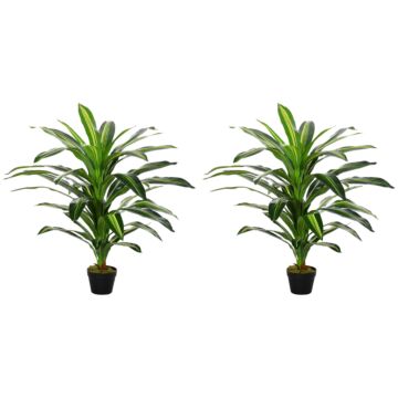 Outsunny 110cm/3.6ft Artificial Dracaena Tree Decorative Plant 40 Leaves With Nursery Pot, Fake Tropical Tree For Indoor Outdoor Décor, Set Of 2