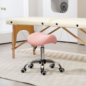 Homcom Saddle Stool, Height Adjustable Salon Chair For Massage Spa, Faux Leather, Pink