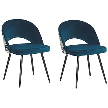 Set Of 2 Dining Chairs Blue Velvet Black Metal Legs Powder Coated Cut-out Back Floral Pattern Beliani
