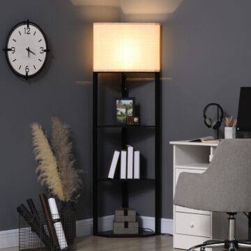 Homcom Corner Floor Lamp With Shelves, Modern Tall Standing Lamps, With Pull Chain Switch (bulb Not Included), Black