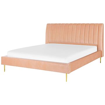 Eu King Size Panel Bed Peach Velvet 6ft Slatted Base High Headrest Vintage Beliani