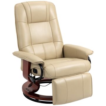 Homcom Swivel Recliner, Faux Leather Reclining Chair, Upholstered Armchair With Wooden Base For Living Room, Bedroom, Cream