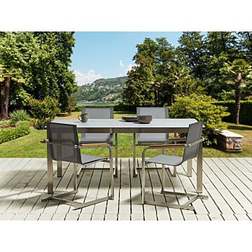 Garden Dining Set Grey Tabletop Glass Stainless Steel Frame Grey Set Of 4 Chairs Textilene Modern Outdoor Style Beliani