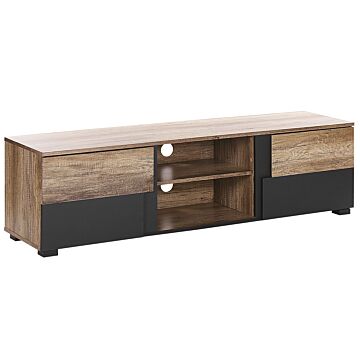 Tv Stand Light Wood And Black Particle Board For 68'' Tv Shelves Doors Cable Management Holes Modern Design Beliani