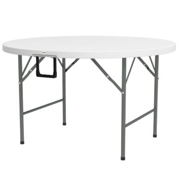 Outsunny Φ122 Folding Garden Table, Outdoor Hdpe Round Picnic Table For 6, Patio Table With Metal Frame, White