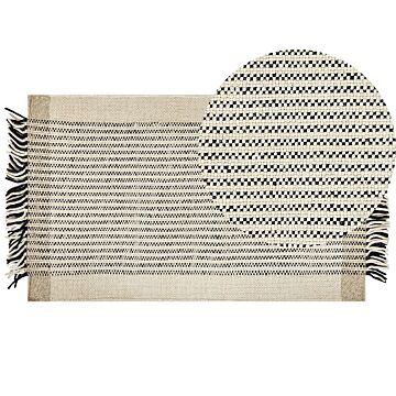 Rug Beige And Black Wool Cotton 80 X 150 Cm Hand Woven Flat Weave With Tassels Beliani