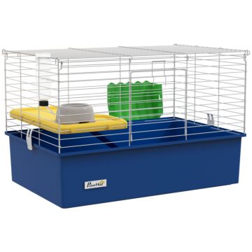 Pawhut Chinchillas Small Rabbit Guinea Pig Small Animal Cage, Pet Playhouse, With Platform, Ramp, 71 X 46 X 47cm, Blue