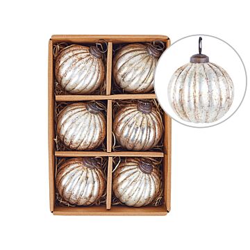 Set Of 6 Christmas Baubles Silver Glass Hanging Distressed Effect Xmas Tree Balls Holiday Decor Beliani