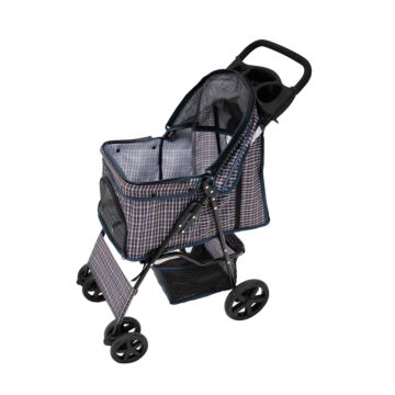 Pet Stroller With Rain Cover – Blue Tartan